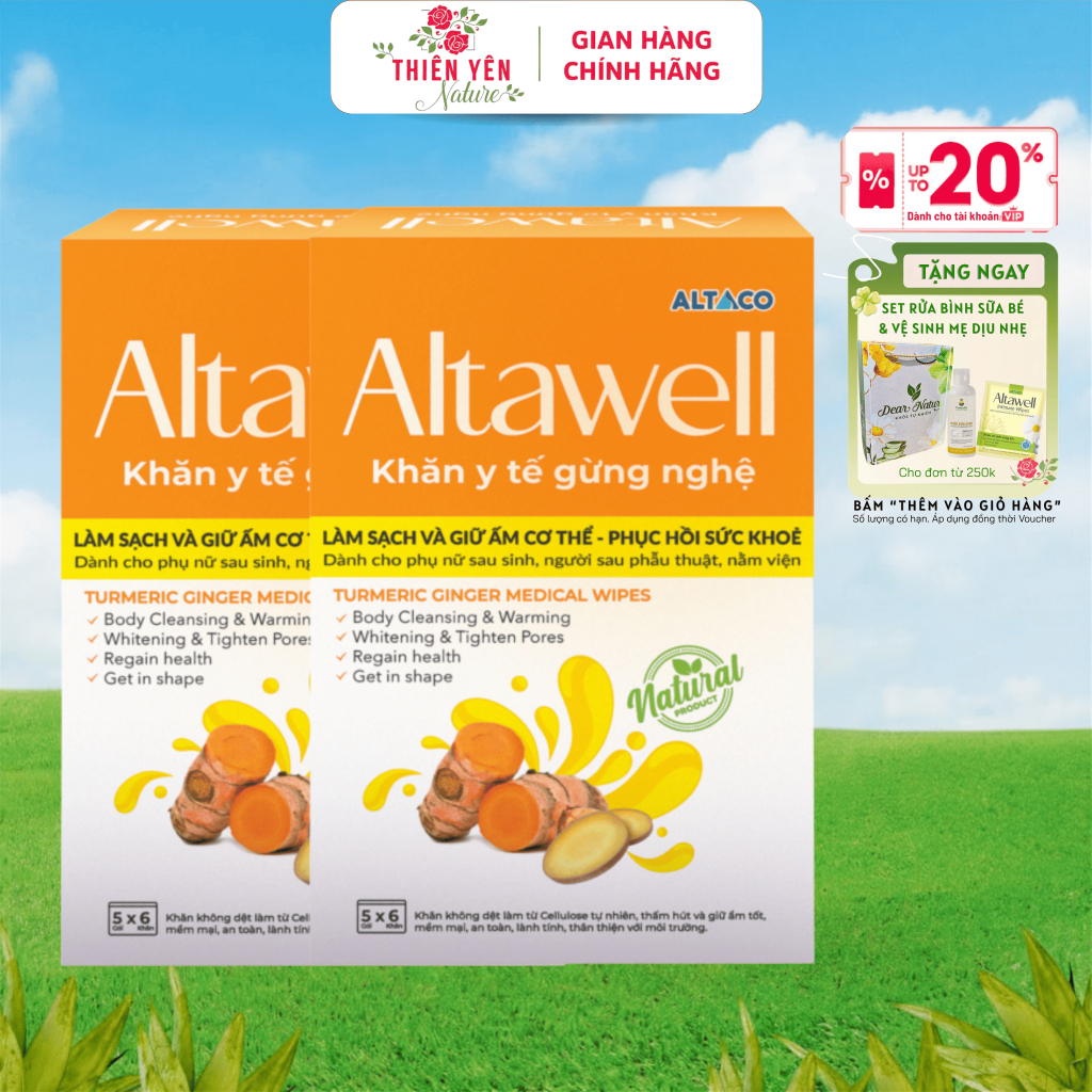 [ Combo 2 Hộp Khăn gừng nghệ Altawell ] Khăn y tế gừng nghệ giúp mẹ sau sinh làm sạch cơ thể