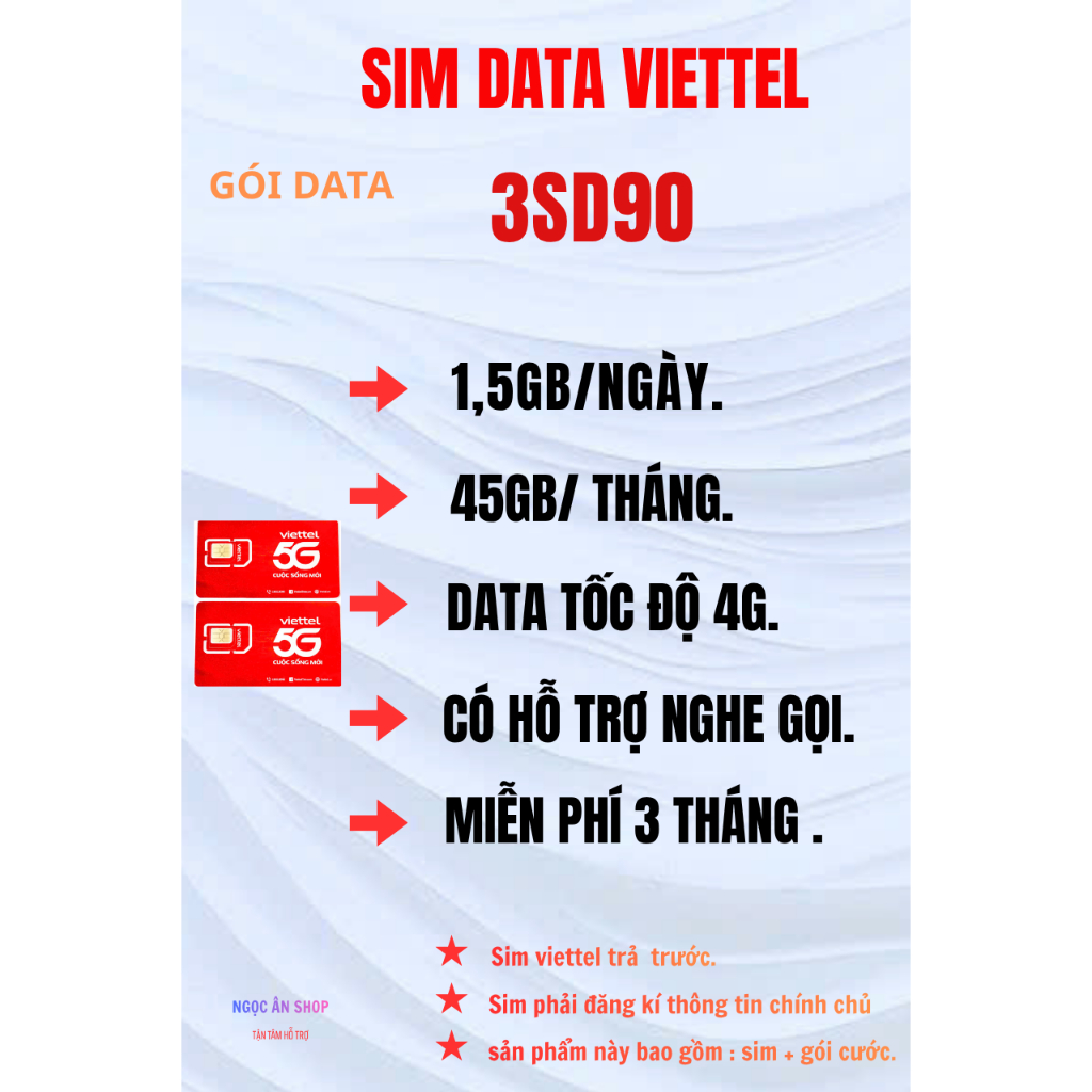 [ 3SD90 ] SIM VIETTEL DATA. MỖI NGÀY 1,5GB. THÁNG 45GB. SỬ DỤNG 3 THÁNG