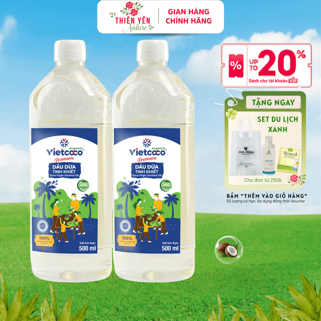 [ Combo 2 Dầu dừa organic Vietcoco ] Dầu dừa ép lạnh hữu cơ nguyên chất dưỡng ẩm, dưỡng tóc skincare