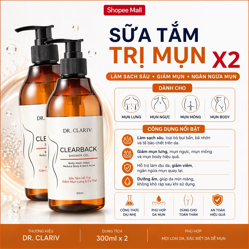 Combo 2 Sữa Tắm Mụn Lưng ClearBack Shower Gel  – Giúp Làm Giảm Mụn Mông, Mụn Viêm, Tẩy Tế Bào Chết -