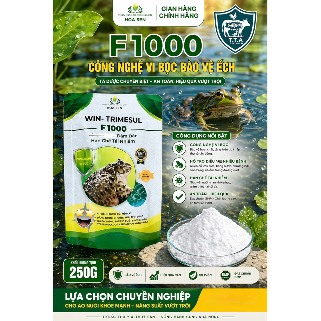 F1000 250gr cho ếch, CÔNG NGHỆ VI bộc, QUEO CỔ, Mù MẤT BÁNG NƯỚC, CHƯƠNG HƠI, SINH BỤNG NHIỄM TRÙNG 