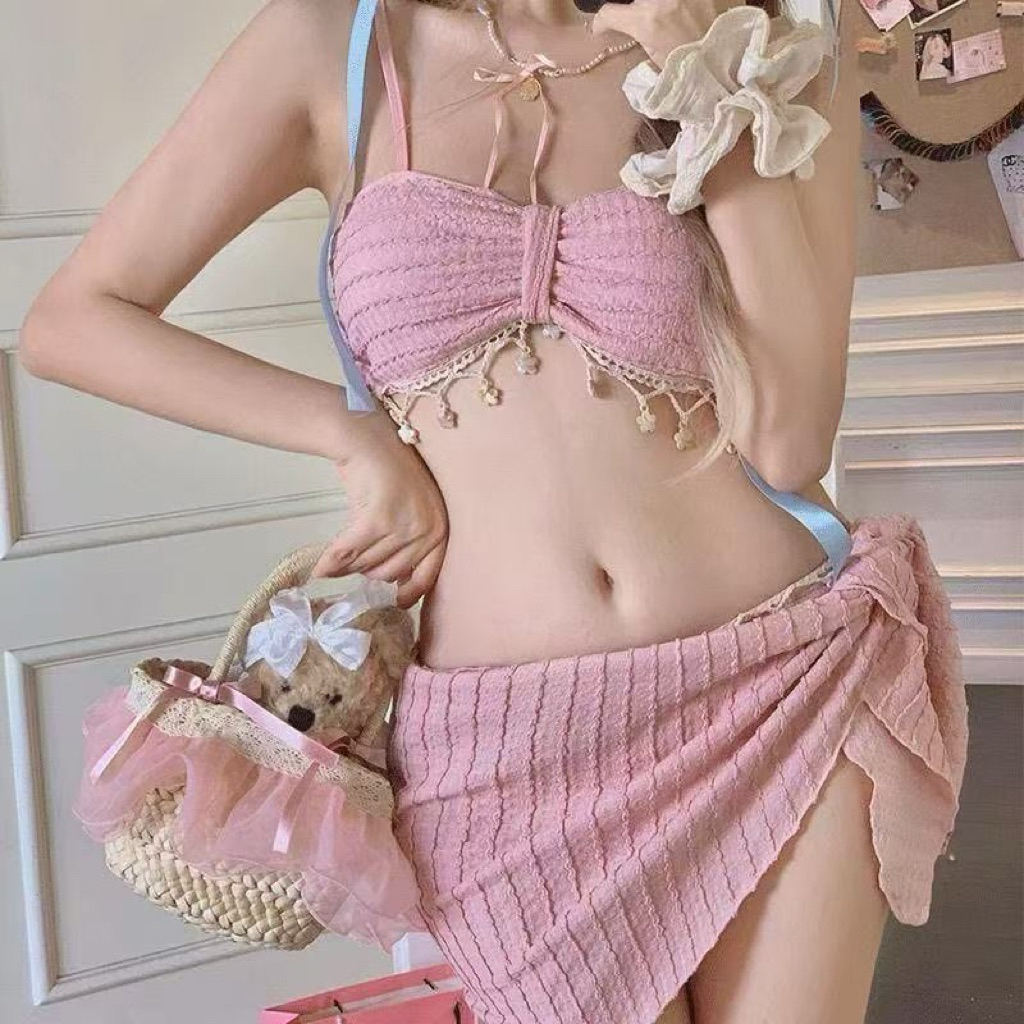 Đồ bơi bikini điệu kèm khắn nàu hồng có dây bling