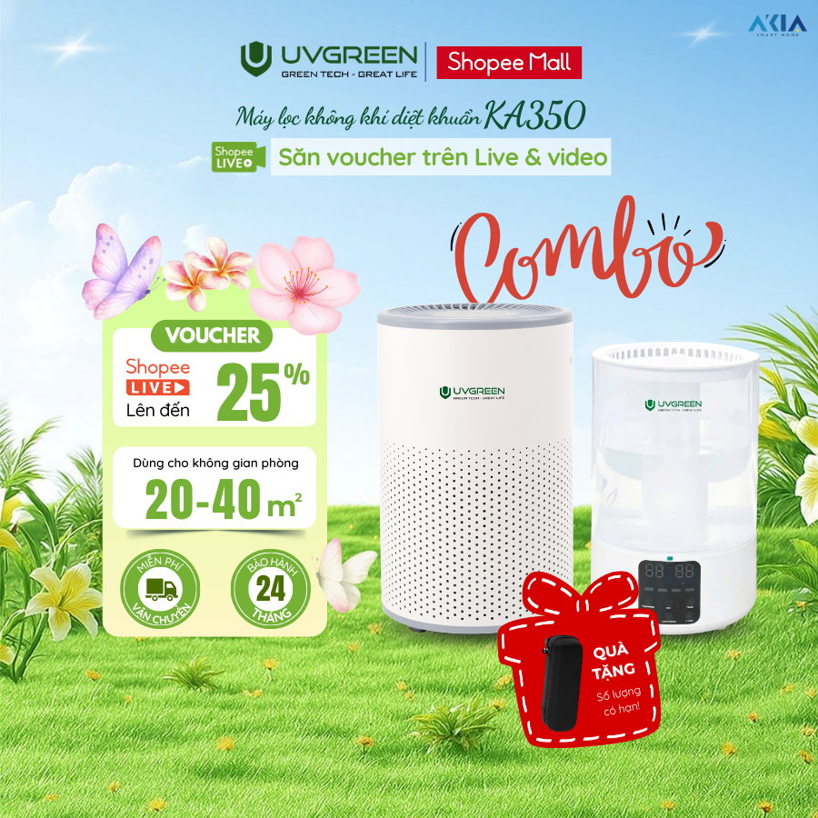 Combo Máy lọc không khí UVGREEN KA350 & Máy phun sương tạo ẩm KH200 | Diệt khuẩn, Lọc bụi mịn, Bù ẩm