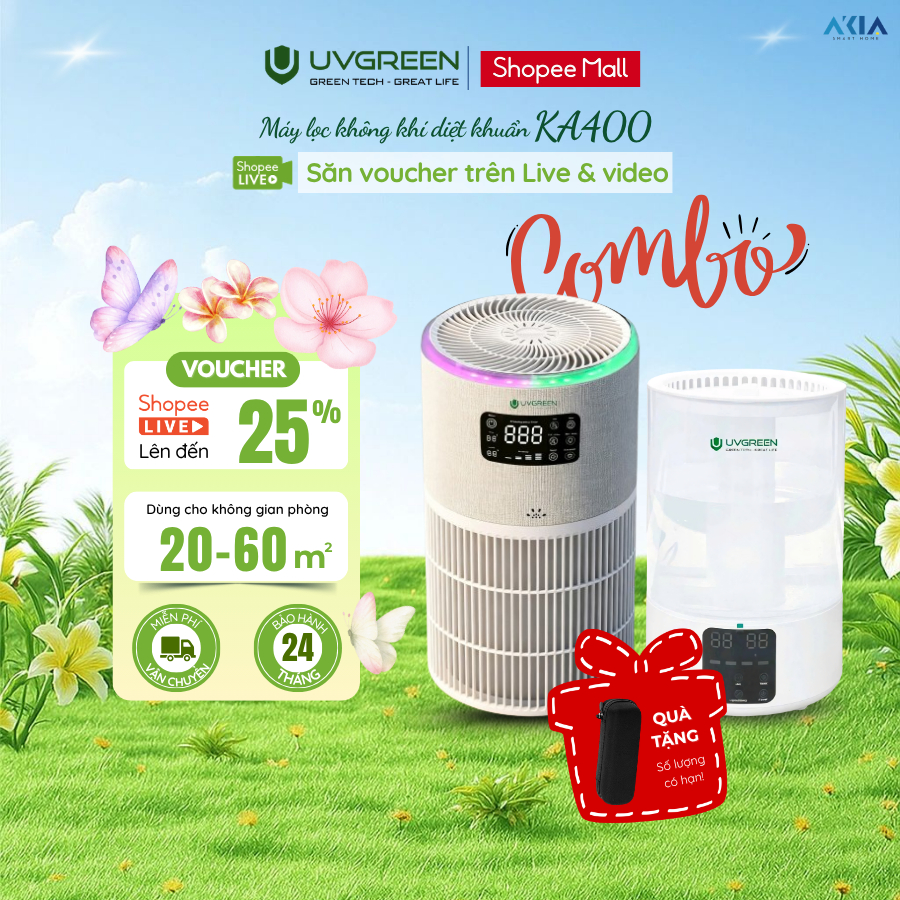Combo Máy Lọc Không Khí Diệt Khuẩn UVGREEN KA400 & Máy phun sương KH200 | Lọc Bụi Mịn, Cấp ẩm da