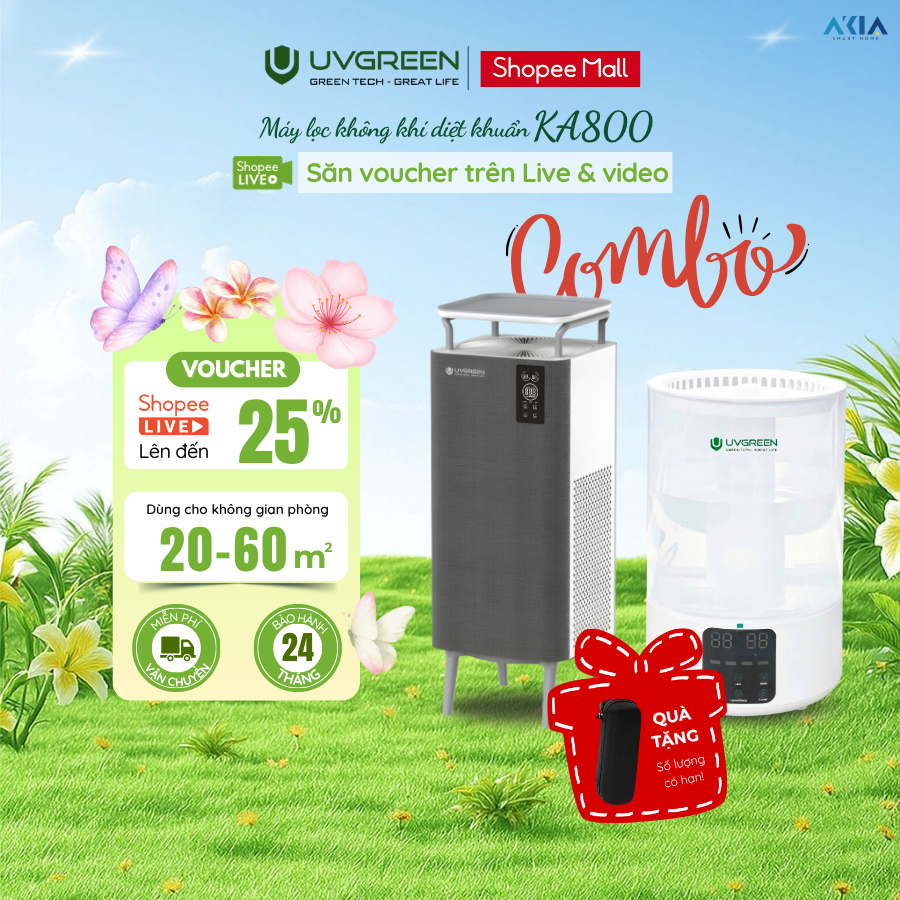 Combo Máy Lọc Không Khí UVGREEN KA800 & Máy phun sương tạo ẩm KH200 | Diệt khuẩn nước, Lọc bụi mịn