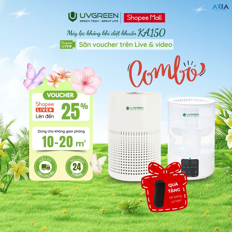 Combo Máy lọc không khí UVGREEN KA150 & Máy phun sương KH200 | Diệt khuẩn, Lọc bụi mịn, Cấp ẩm da
