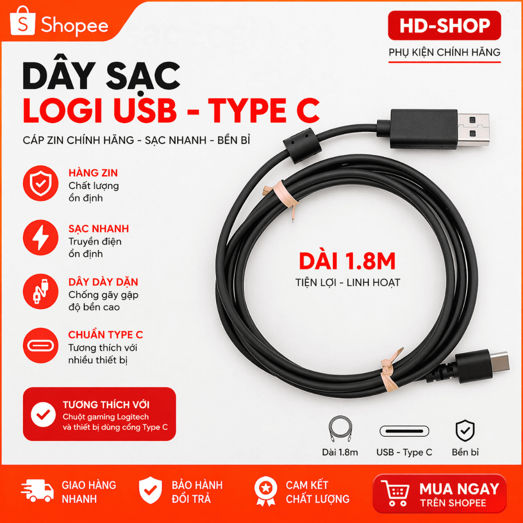 Dây Sạc USB Type-C Logitech Dây Cáp Dành Cho G Pro X Superlight 2, G502 X Lightspeed, G502 X Plus