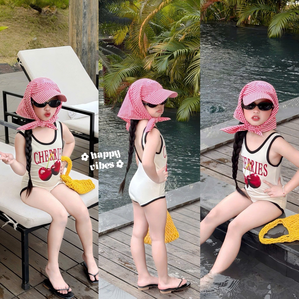 { Tặng khăn } Bộ bơi cho bé gái 10 tuổi, bikini liền thân họa tiết có dây buộc hottrend 10-35kg Luna