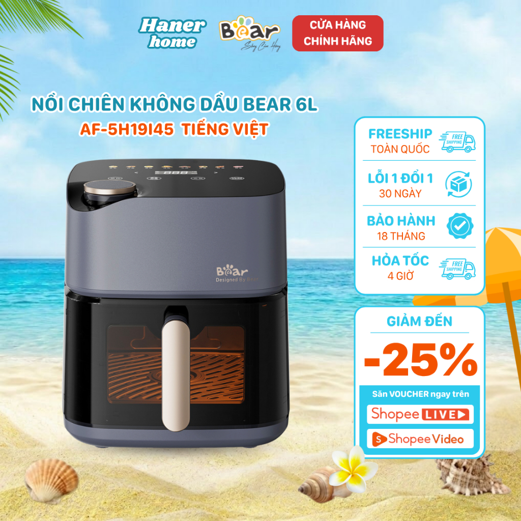 Nồi Chiên Không Dầu Bear 6L Giảm Dầu Mỡ Đa Năng 8 Chế Độ Nấu Ăn Healthy Tiện Lợi AF-5H19I45
