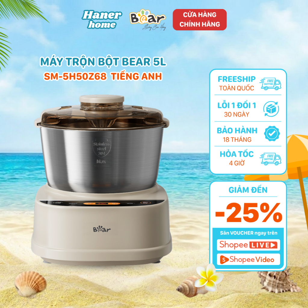 Máy Trộn Bột Bear 5L Inox 304 Công Suất Lớn Nhào Bột Ủ Bột Làm Bánh Đa Năng Bảo Hành 18 Tháng SM-5H5