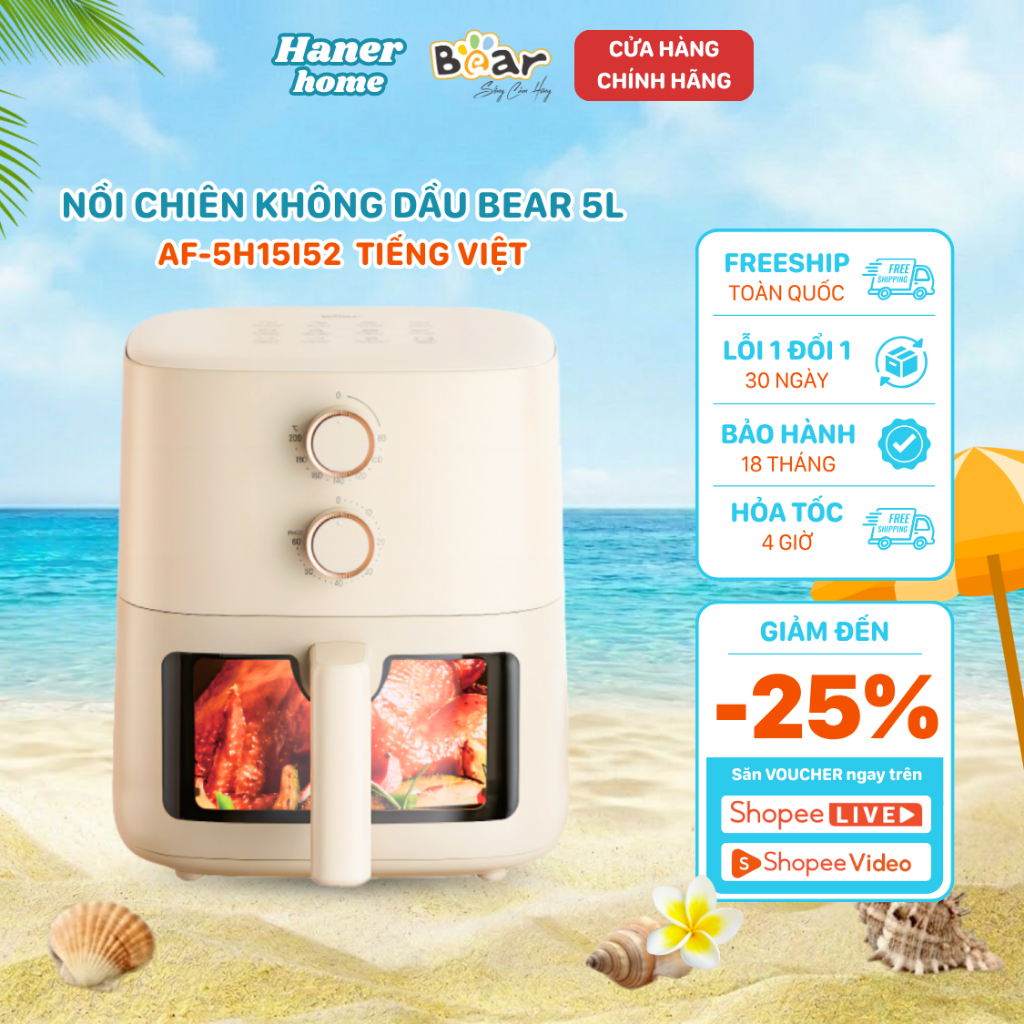Nồi Chiên Không Dầu Bear 5L Đa Năng Nướng Bánh Giảm Dầu Mỡ Tiện Lợi Healthy Bảo Hành 18 Tháng AF-5H1