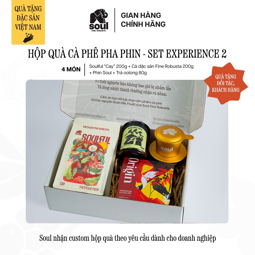 HỘP QUÀ TẶNG ĐẶC SẢN | CÀ PHÊ PHA PHIN 4 MÓN - SET EXPERIENCE 02 - CÀ PHÊ FINE ROBUSTA PHA PHIN, TRÀ Ô LONG, PHIN CÀ PHÊ