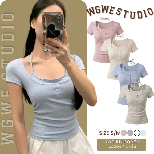 Áo Thun Nữ Ôm Body WGWE 8613 Cổ Yếm Lót Đệm Ngực – Áo Phông Nữ Tay Ngắn Tôn Dáng Sexy
