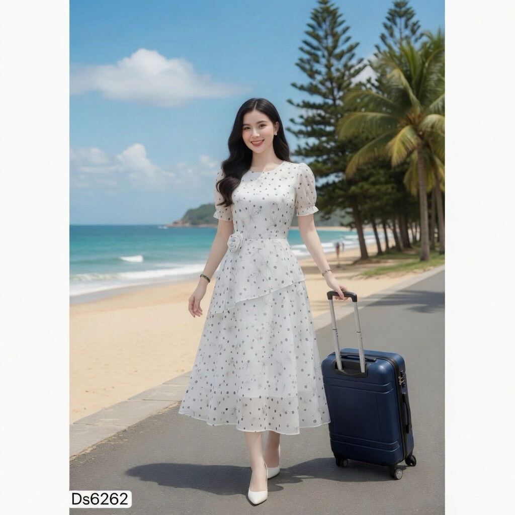 ds6262 Váy thiết kế tơ Hàn điểm hoa chấm bi tiểu thư, chính hãng DVC cao cấp