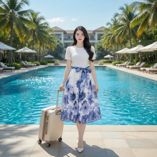 v4851 Váy thiết kế ren trắng phối tơ hoa xanh sang chảnh