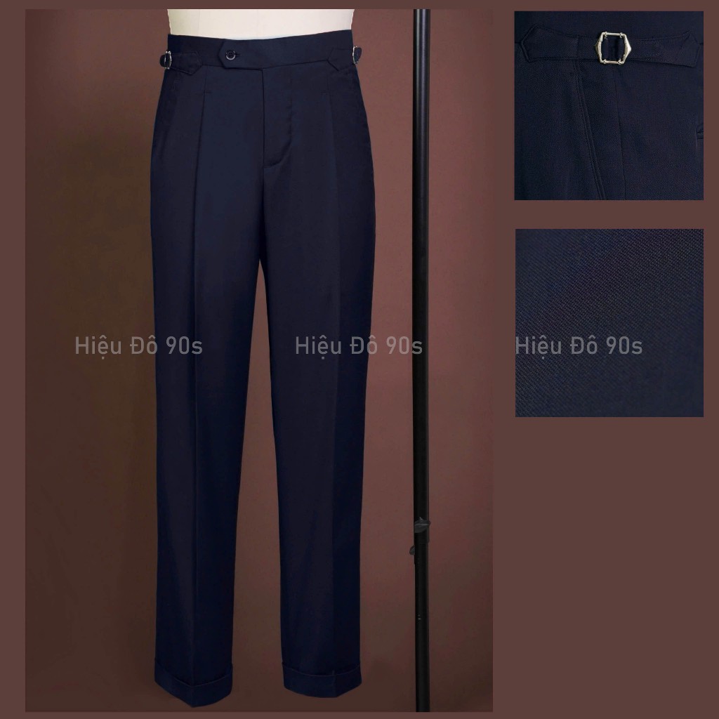Quần tây nam màu xanh navy tối cạp lưng cao / quần âu dark navy xanh đen sidetab 1 ly form suông ống