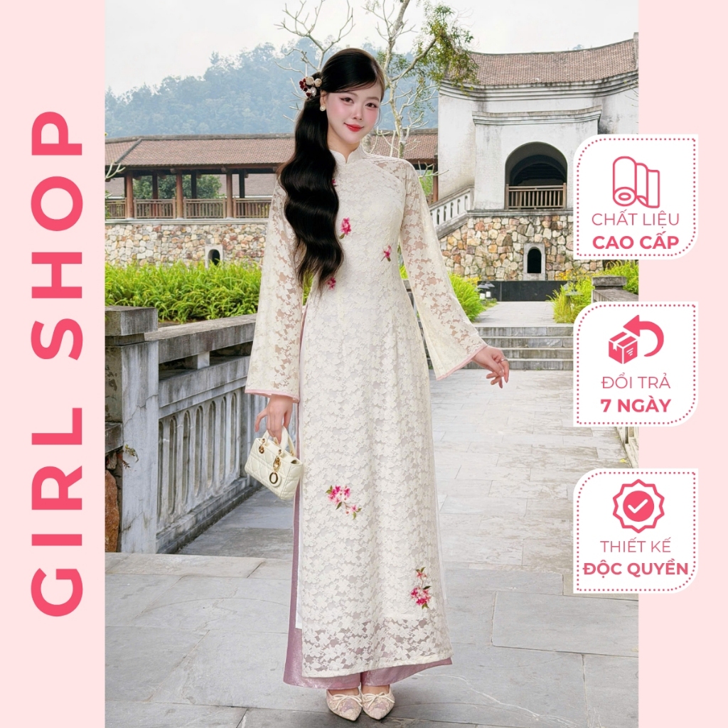 Set Áo Dài Ren Ngọc Sa Thiết Kế Cao Cấp Dáng Suông 4 Tà Cổ Cao Sang Trọng Thanh Lịch GIRLSHOP