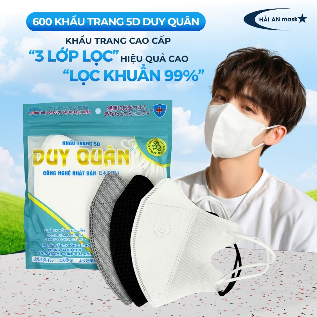 Thùng 600 Khẩu Trang 5D Duy Quân 3 Lớp Kháng Khuẩn, Khẩu Trang 5D Mask Chống Bụi Mịn Lọc Khuẩn 99% T