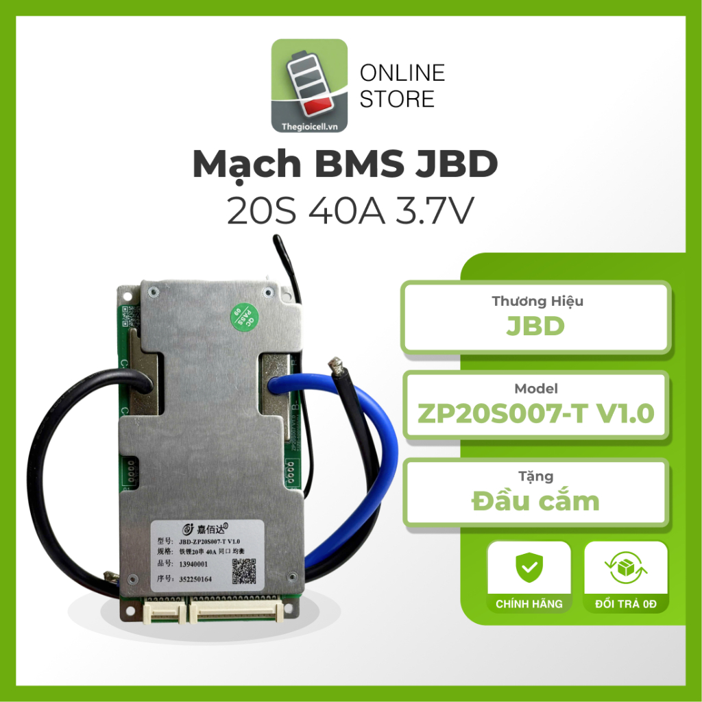 Mạch BMS JBD 20S 40A Cho Pin Li-ion 3.7V | JBD-ZP20S007-T V1.0 | Bảo Vệ Pin Xe Điện, Pack Pin