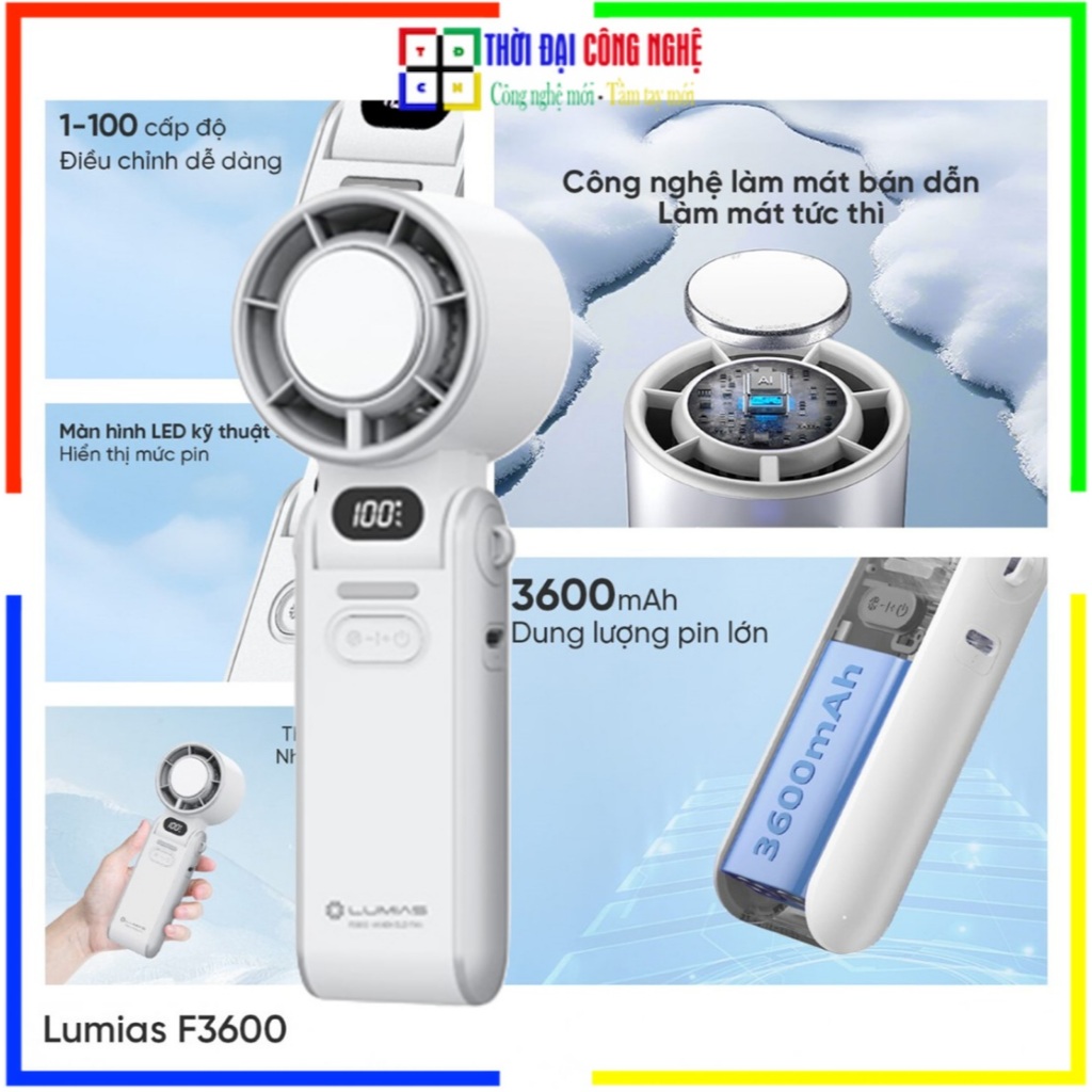 Quạt Tích Điện Cầm Tay Mini Lumias F3600 / F3600A - 100 Tốc Độ Gió Siêu Mạnh, Pin 3600mAh, Làm Mát N
