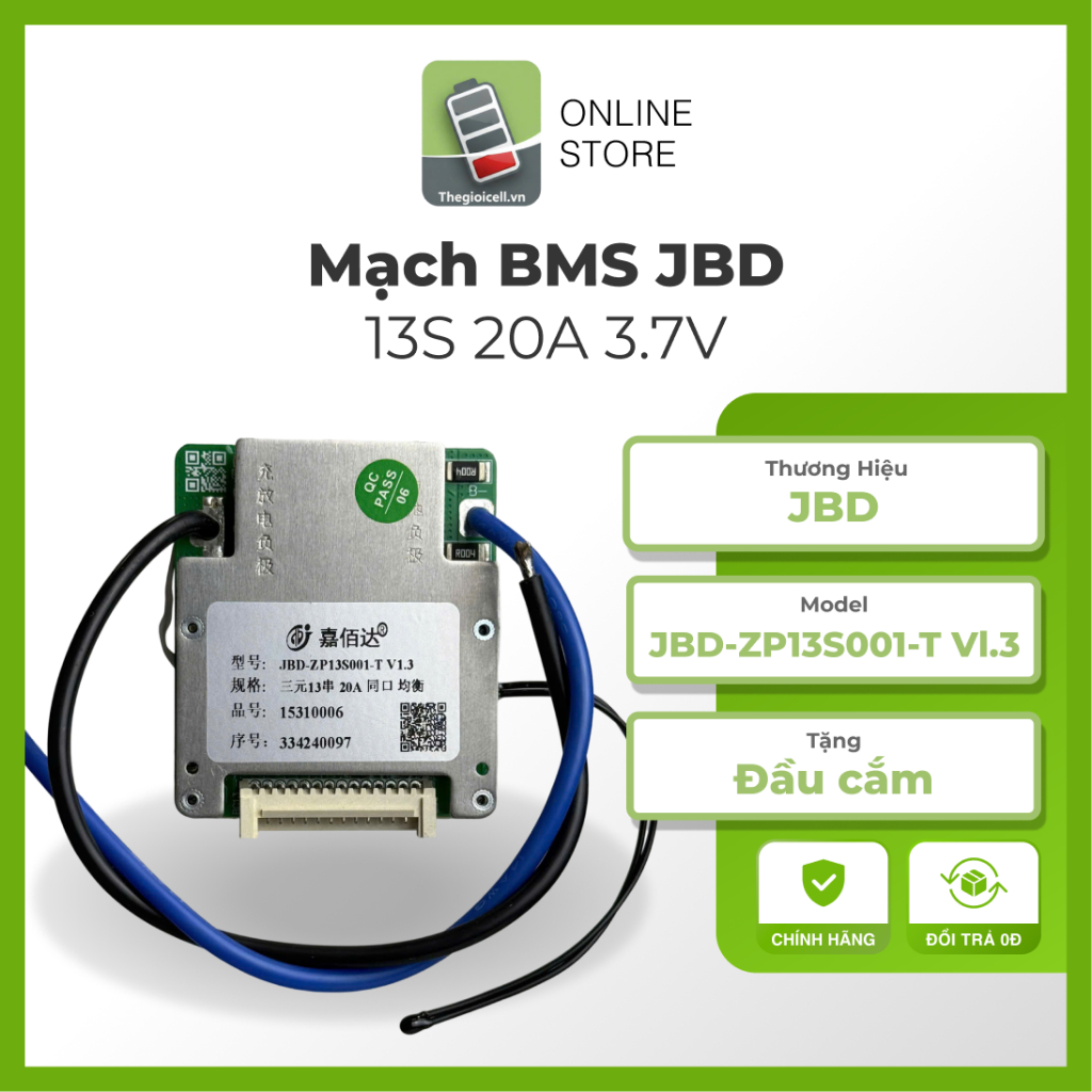Mạch BMS JBD 13S20A 3.7V (48V) - JBD-ZP13S001 -Bảo Vệ Pin Lithium Li-ion/NMC - Cân Bằng Cell