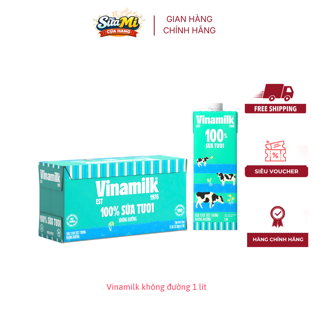 Thùng 12 HỘP 1 LÍT Sữa tươi tiệt trùng Không đường Vinamilk
