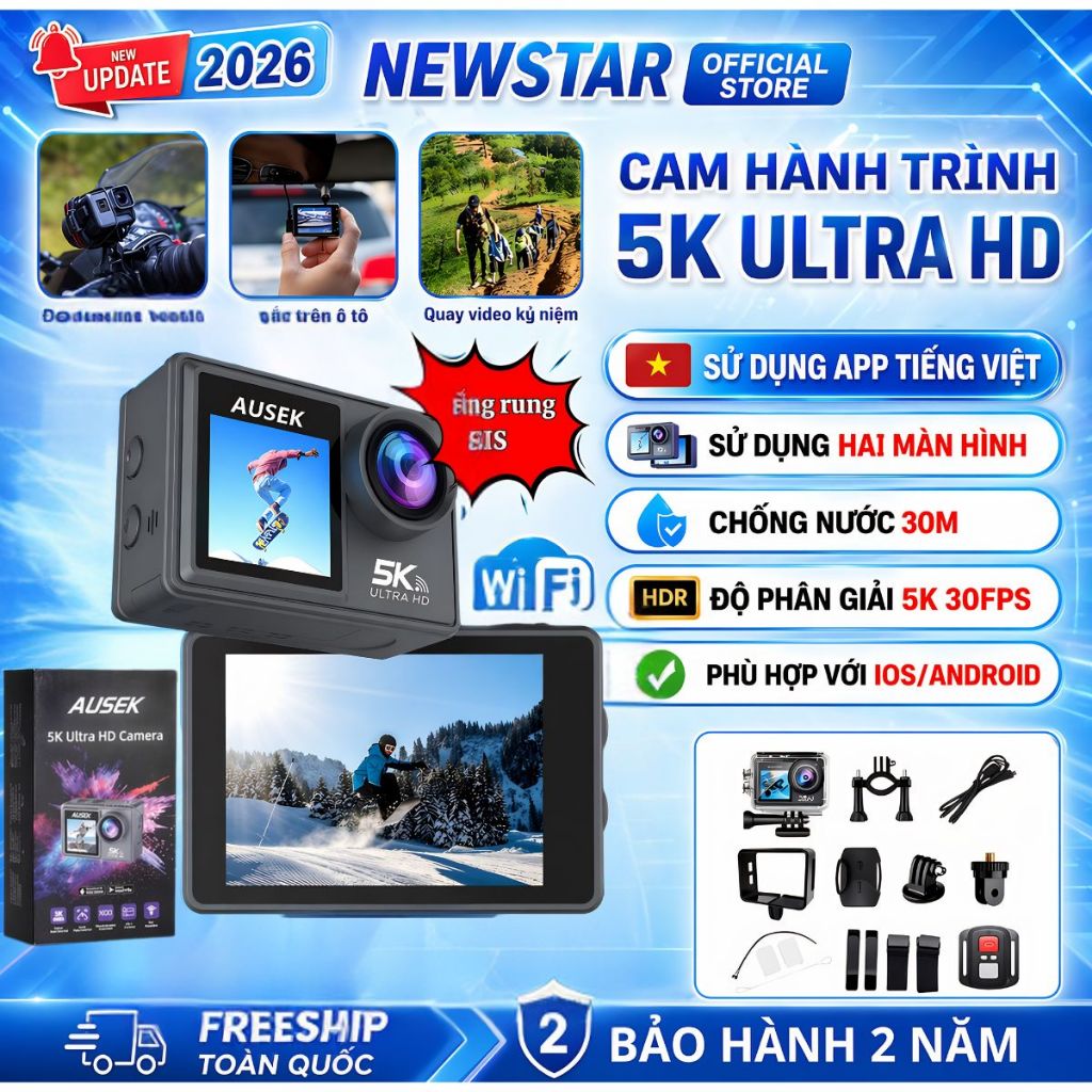 Camera hành trình 5K gắn mũ bảo hiểm xe máy, Gopro AUSEK , Máy ảnh mini 5K 2 màn hình,Pin 1350 mAh