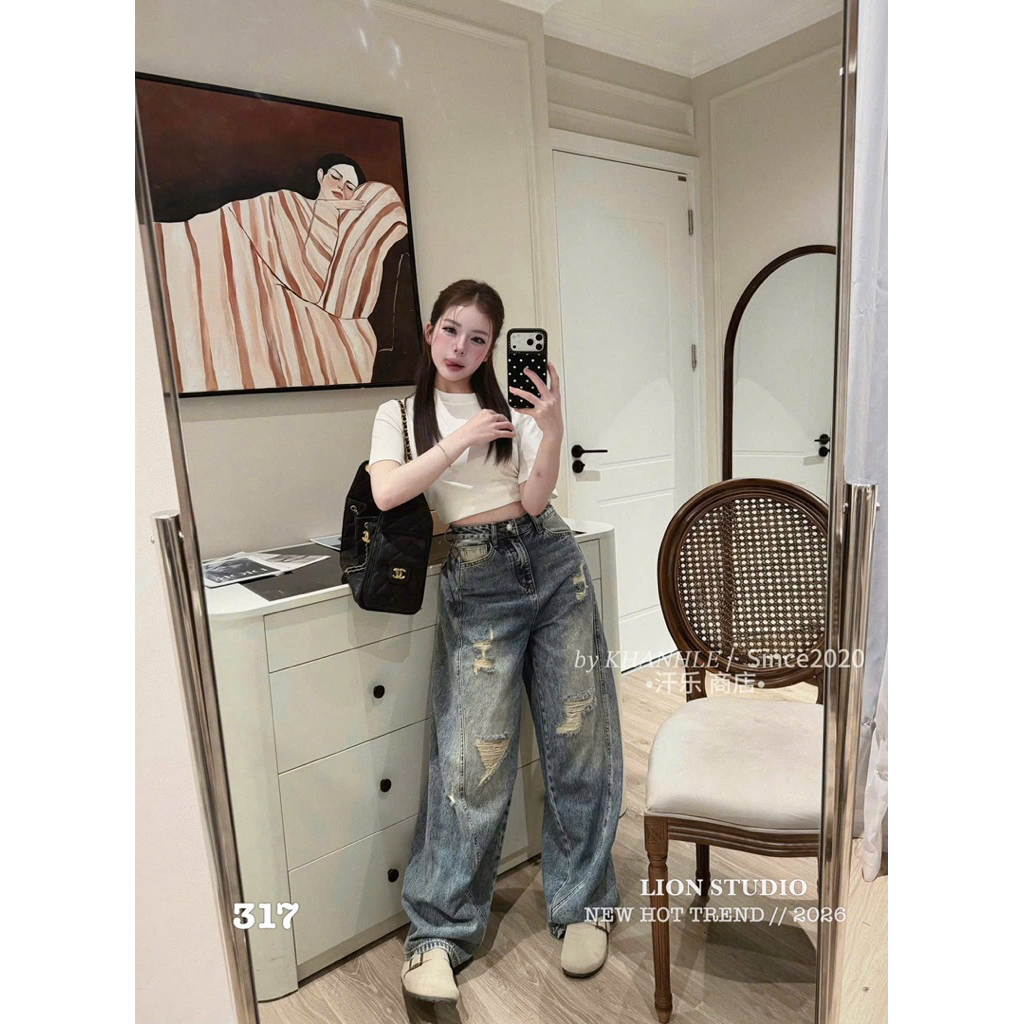 🦁LION STUDIO❤️ Quần bò rách gân 317 SML QCCC , Trung Quốc