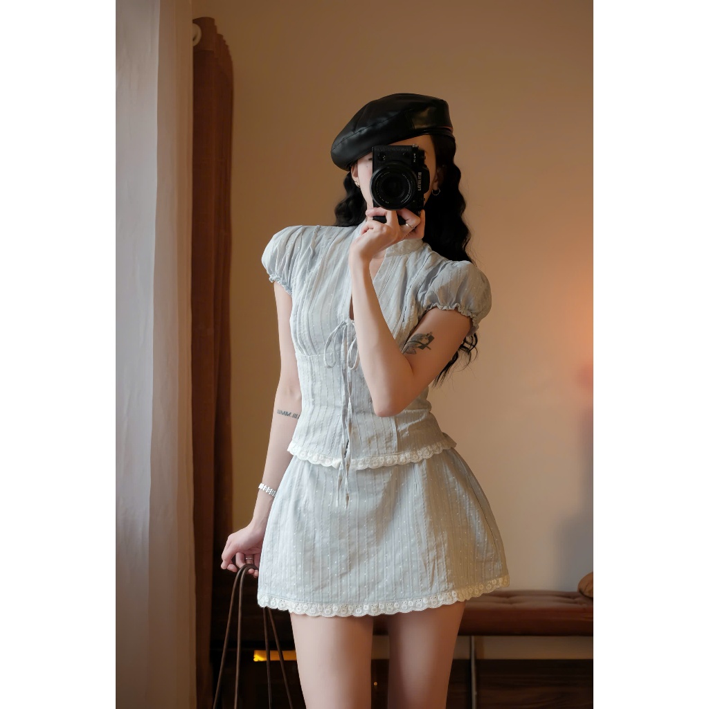 Set áo cổ V phối tà ren mix chân váy chữ A Hh119 HaLuu Store | BigBuy360 - bigbuy360.vn