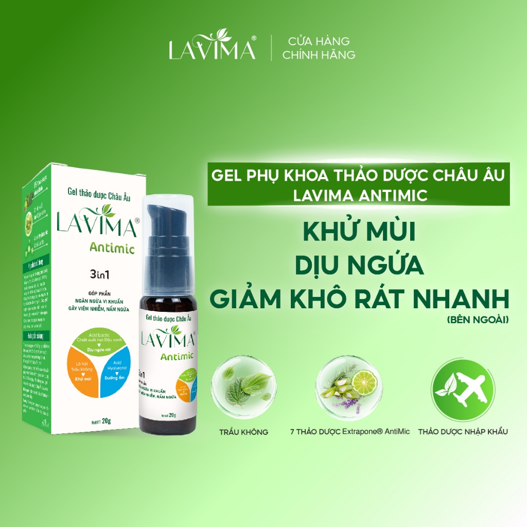 Gel phụ khoa Lavima Antimic - Thảo dược Châu Âu khử mùi, dịu ngứa, giảm khô rát nhanh, Chai 20g
