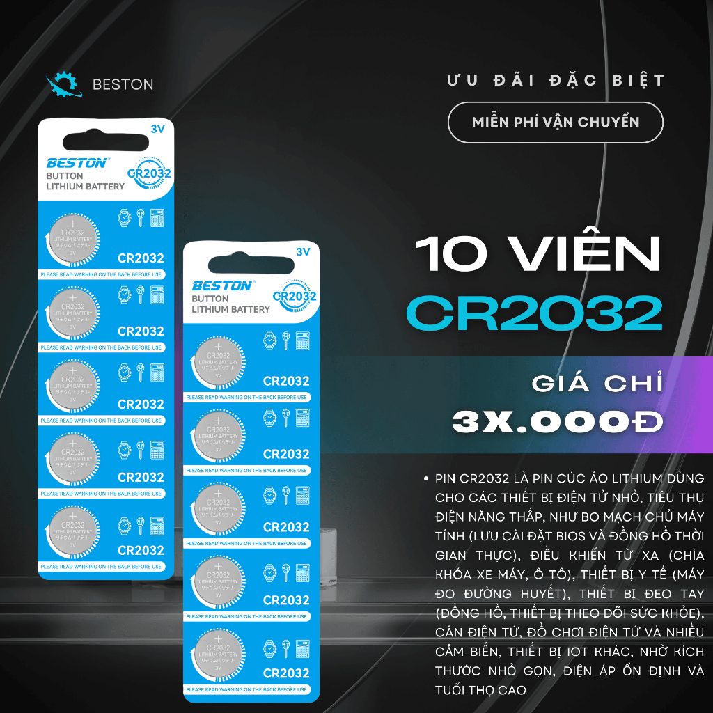 Vỉ 5 viên pin CR2032, CR1632 Beston Pin cúc áo 3V dùng cho điều khiển xe máy , quạt, cân điện tử