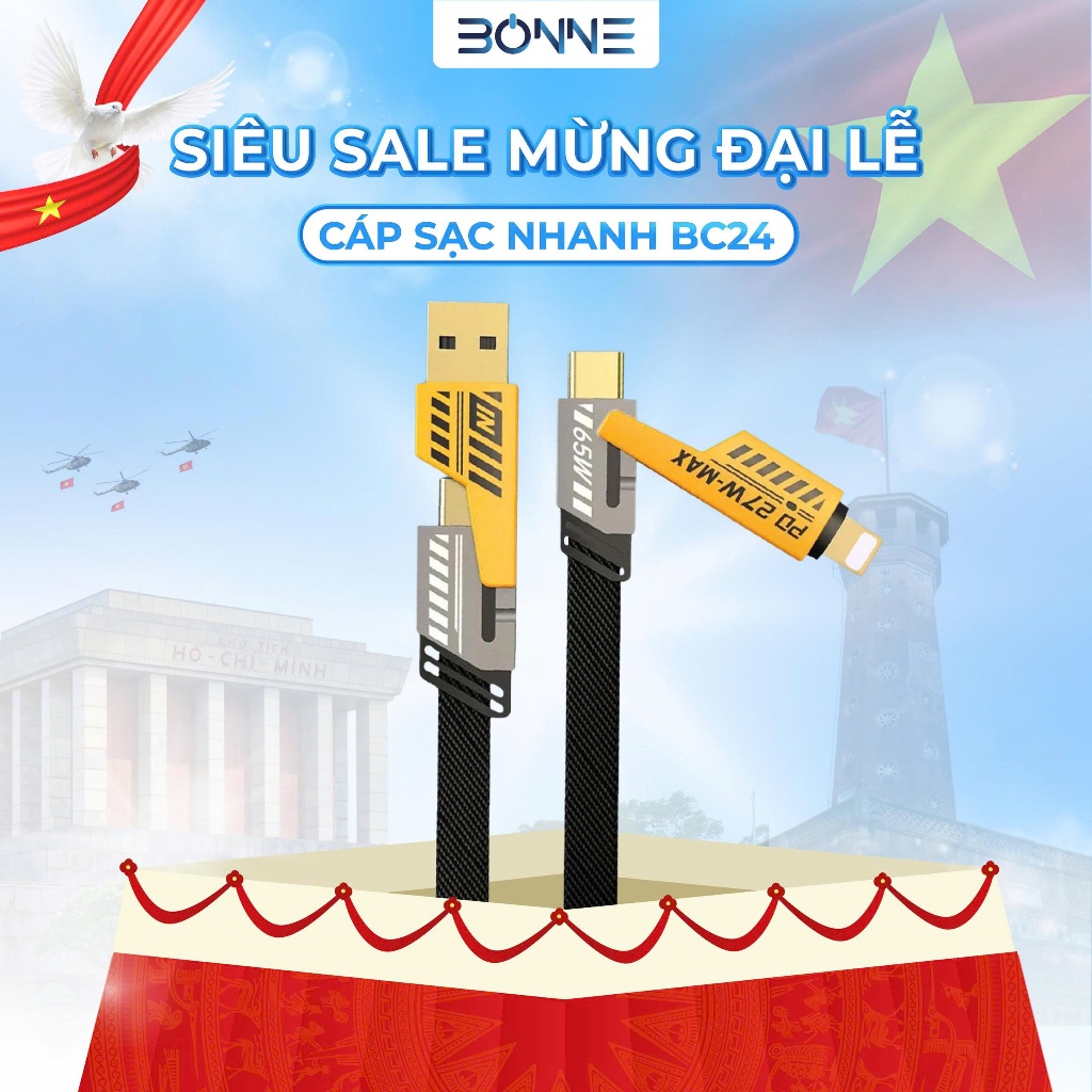Cáp sạc nhanh BC24 điện thoại 4 in 1 by Bonne TECHNOLOGIQUE, 65W sạc chống gẫy chính hãng bảo hành 12 tháng | BigBuy360 - bigbuy360.vn