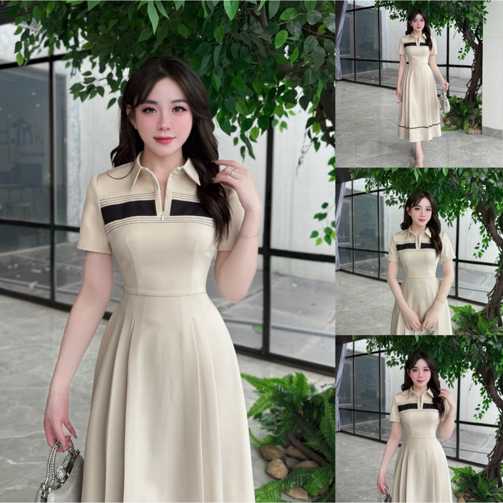 2TY92 - Váy Thiết Kế Eviici dành cho nữ, thiết kế cổ đức phối khóa kéo trước, dáng A xếp ly dài