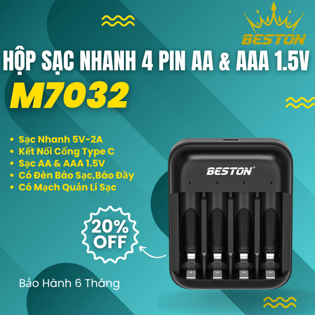 Bộ sạc Beston M7032, sạc nhanh tự ngắt dành cho pin Li-thium 1.5V, sạc pin AA và AAA, có đèn báo