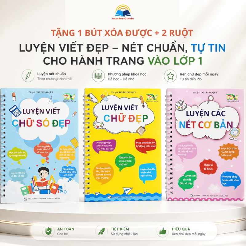 Sách - Bộ 3 Vở Luyện Viết Chữ Đẹp Tặng Kèm Bút Xoá Được - Hành Trang Cho Bé Vào Lớp 1