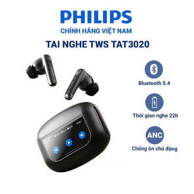 Tai nghe True Wireless Philips TAT3020 Bluetooth 5.4, chống ồn chủ động ANC, Màn hình cảm ứng LCD