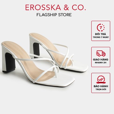 Erosska - Dép cao gót thời trang mũi vuông phối dây quai mảnh cao 8cm màu trắng - EM101
