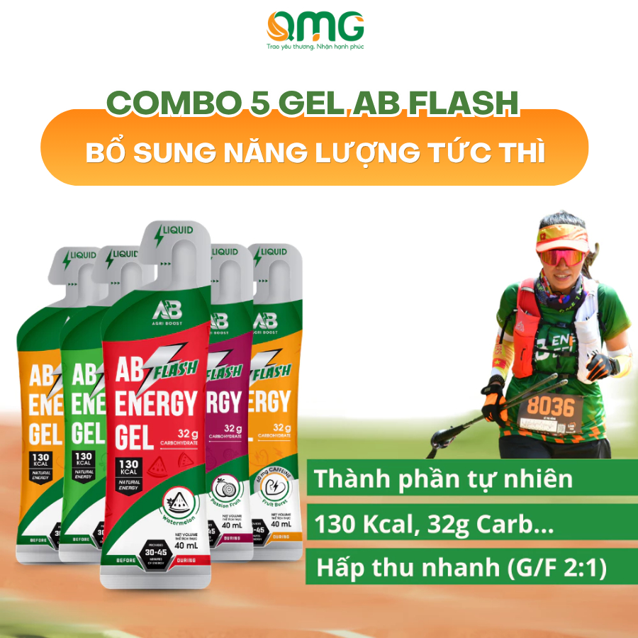 COMBO 5 Gói Gel Năng Lượng Chạy Bộ AB NUTRITION AB Flash Nước Uống 45g Năng Lượng Tức Thì Cho Người 