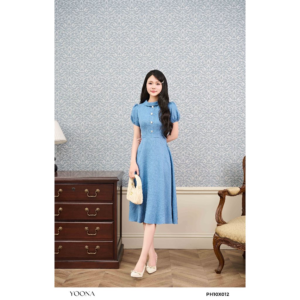 Đầm thiết kế cổ tròn tay bồng cachs điệu phối chân váy xòe chất đũi vân YOONA-PH10X012