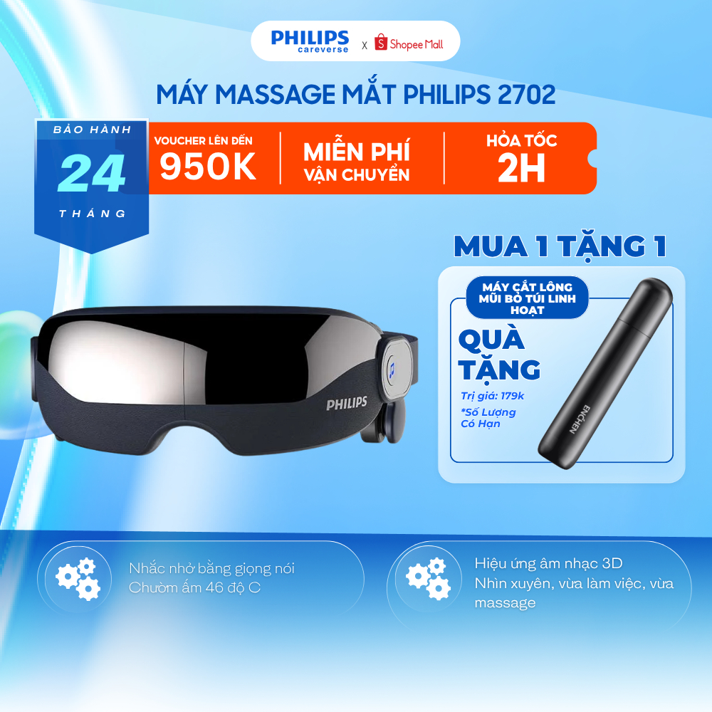 Máy Massage Mắt PHILIPS PPM2702 - Massage Túi Khí, Chườm Ấm Thư Giãn - Kết Nối Bluetooth Nghe Nhạc