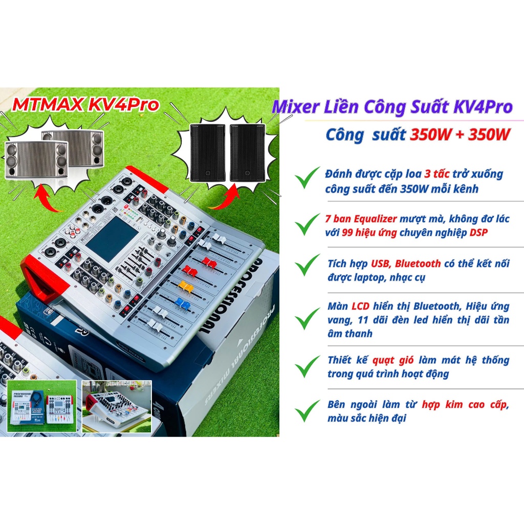 Combo Mixer Liền Công Suất KV4 Pro + 2 Mic Max56 – Đánh Loa Bass 30, 99 Hiệu Ứng, Karaoke Gia Đình