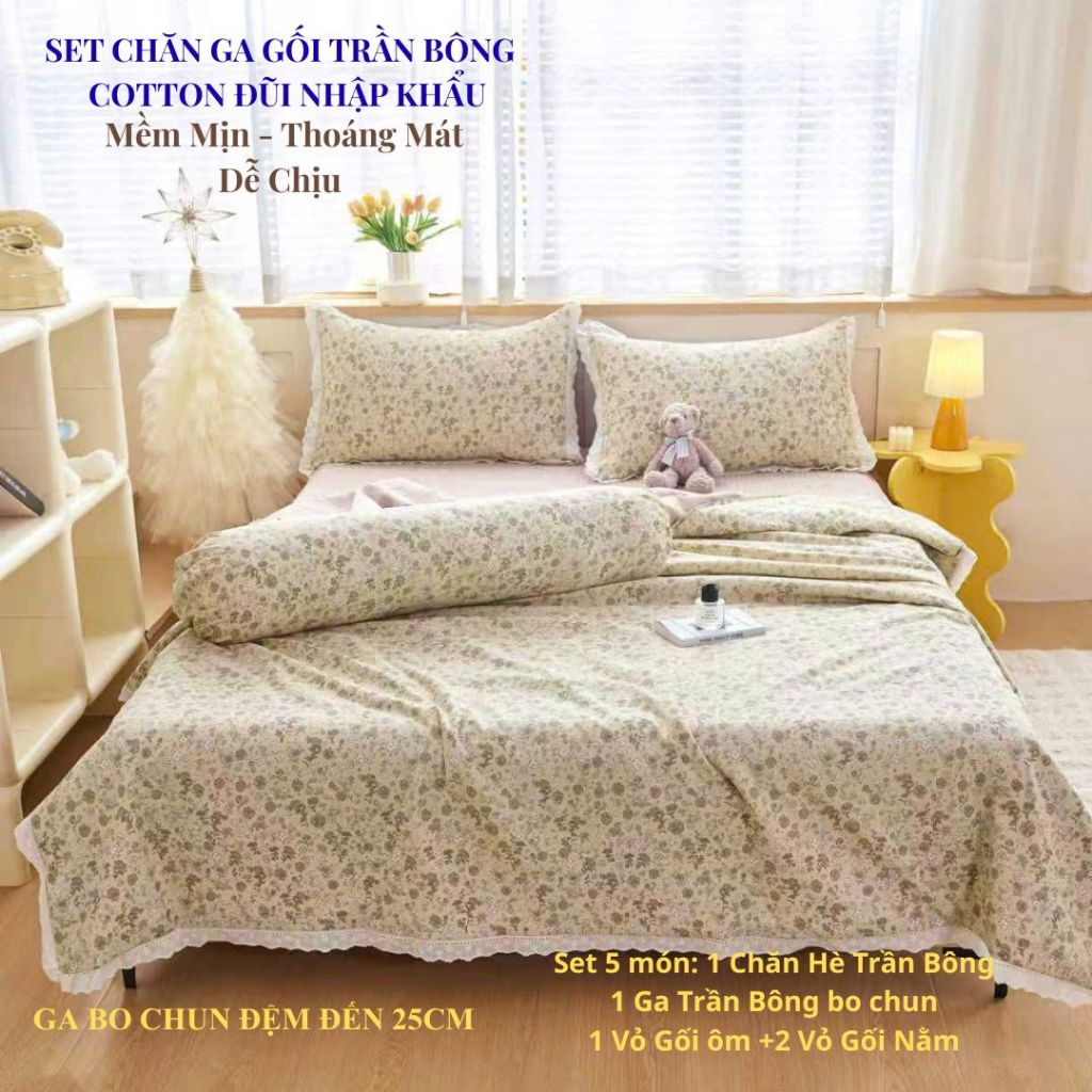 Set Chăn Ga Gối 5 Món Cotton Đũi 223 Nhập Khẩu – Chăn Chần Bông, Ga bo chun Chần Bông , Mềm Mại, Tho