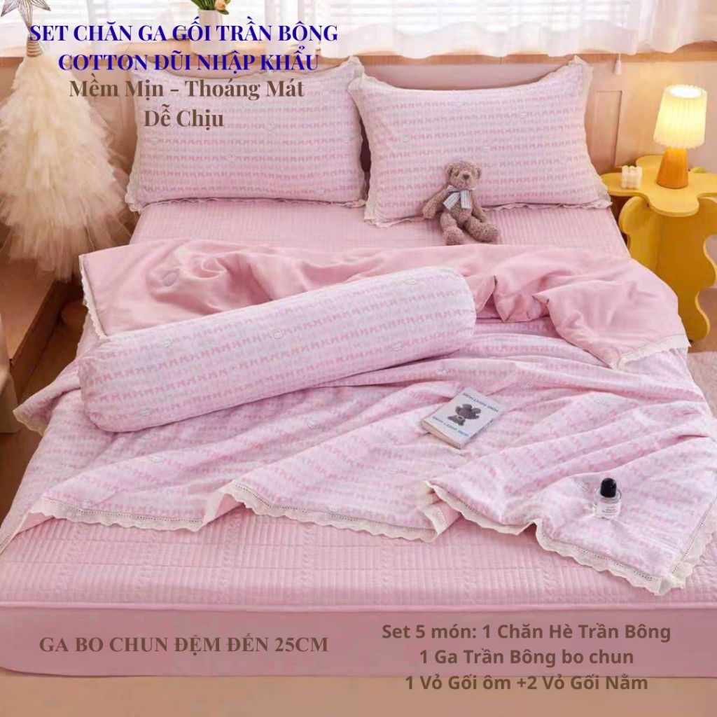 Set Chăn Ga Gối 5 Món Cotton Đũi 223 Nhập Khẩu – Chăn Chần Bông, Ga bo chun Chần Bông , Mềm Mại, Tho
