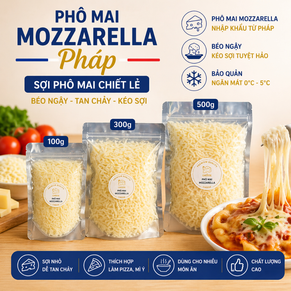 PHÔ MAI MOZZARELLA PHÁP BÀO SỢI 100G / 300G / 500G – CHEESE KÉO SỢI LÀM PIZZA, TOKBOKKI