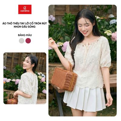 Áo kiểu nữ CARDINA chất thô thêu tay lỡ cổ tròn rút nhún gấu sóng 6AKC14
