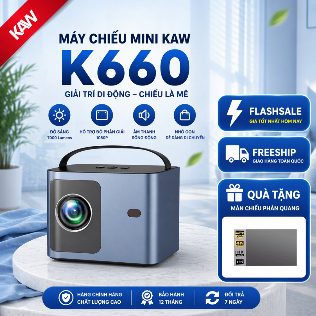 Máy Chiếu Mini KAW K660 4K Siêu Nét Full HD, Xem Phim, Giải Trí, Dạy Học Văn Phòng Có Quai Xách
