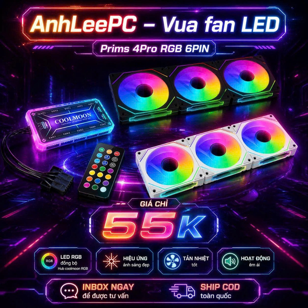 Prims 4pro 6pin cắm Hub Coolmoon - Fan RGB gương led vô cực đồng bộ Hub Remote cực đẹp
