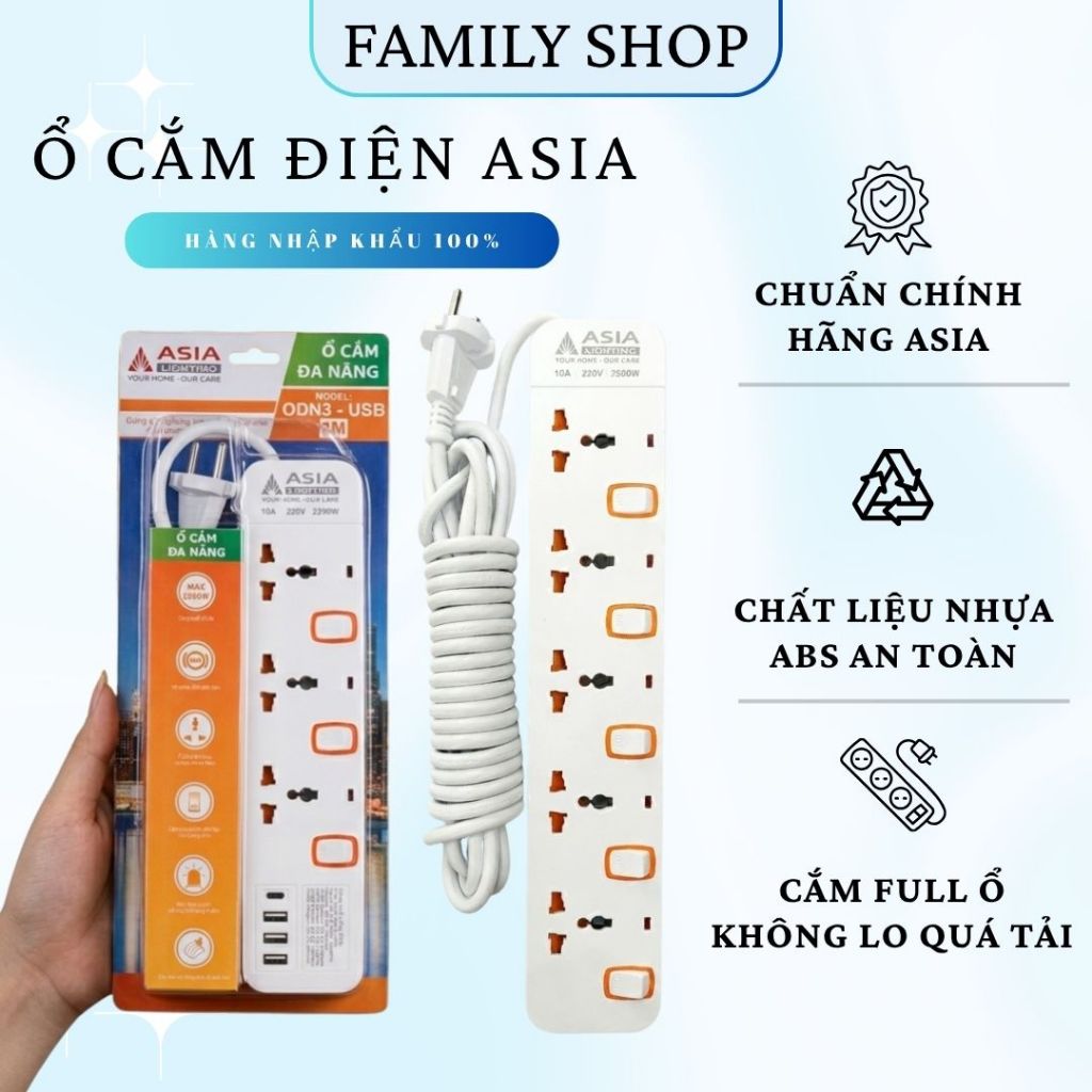 Ổ điện đa năng ASIA Lighting 2500W – Ổ cắm thông minh tích hợp USB, công tắc riêng, an toàn tuyệt đố