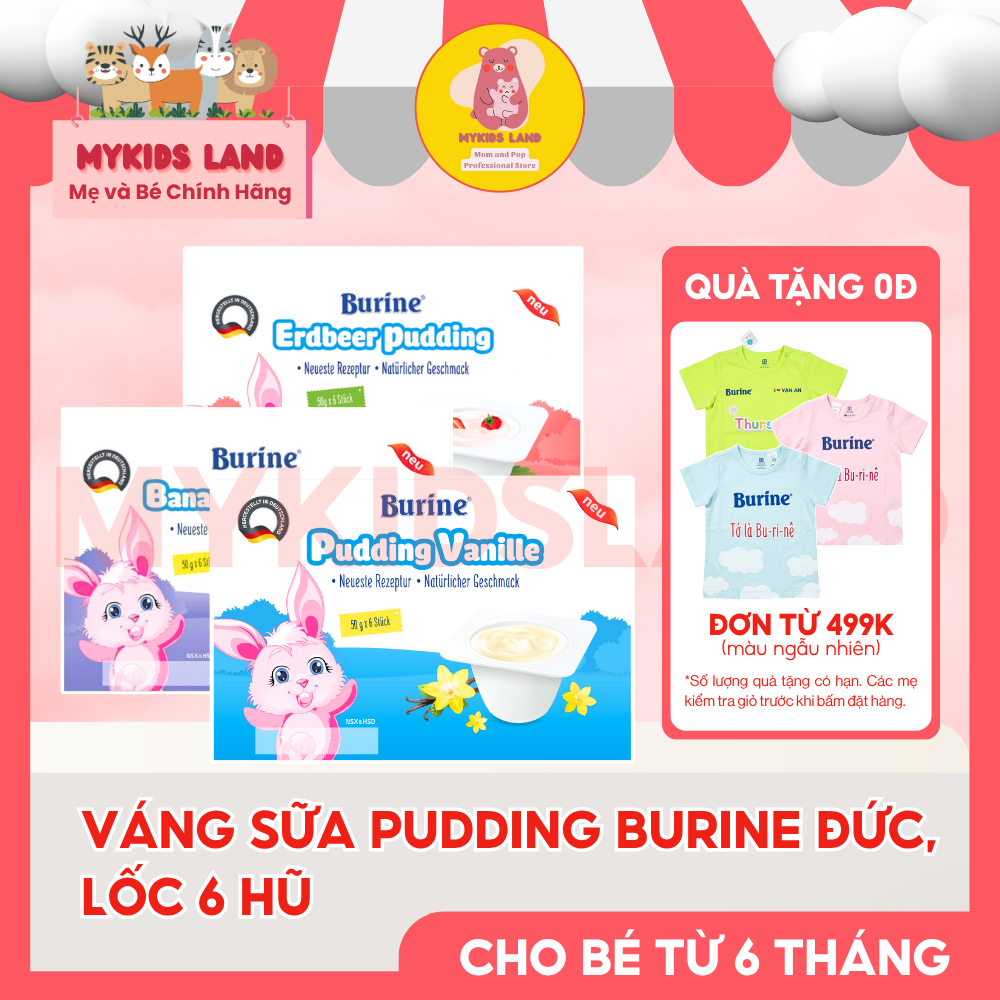 Váng Sữa Cháo Pudding BURINE Đức - 3 Vị Vanila - Dâu - Chuối - Cho Bé Ăn Dặm Từ 6 Tháng -  (Vỉ 6 Hũ 