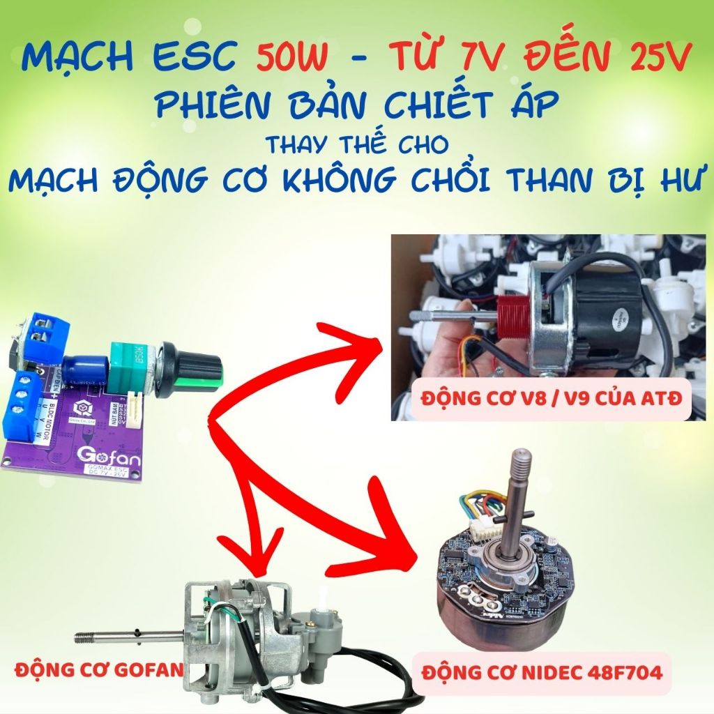 Mạch quạt (mô tơ / động cơ) không chổi than, sẵn chiết áp, mạch ESC 3 pha motor BLDC, 50W, 7V-25V